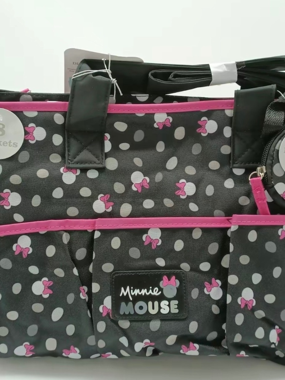 NWT Disney Baby Minnie Mouse Diaper Bag Tote 8-Pockets 4-Piece Set Black Pink